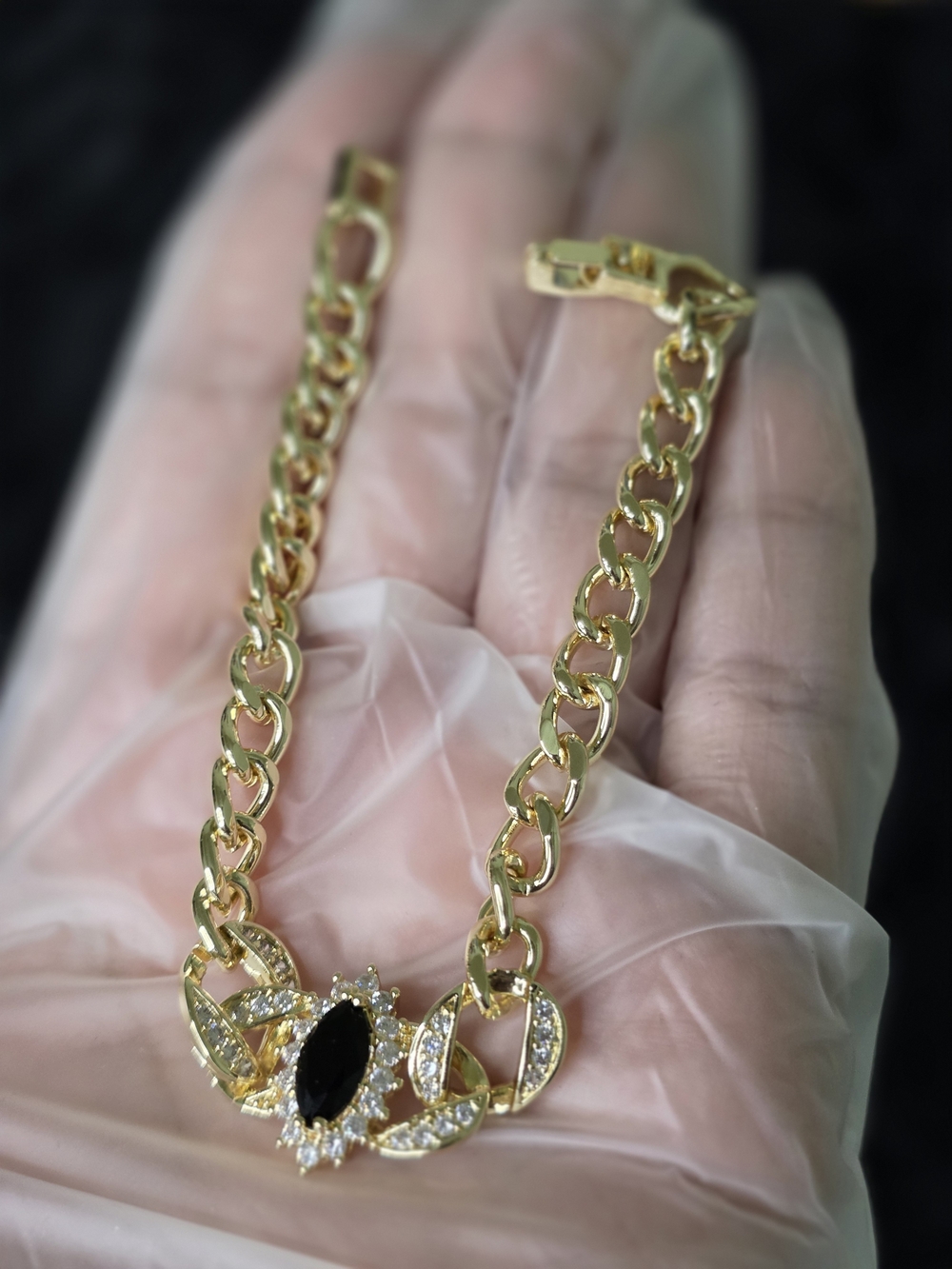 14K Gold-filled Chain Bracelet with Black Marquise Center and Crystal Halo - Picture 2 of 3